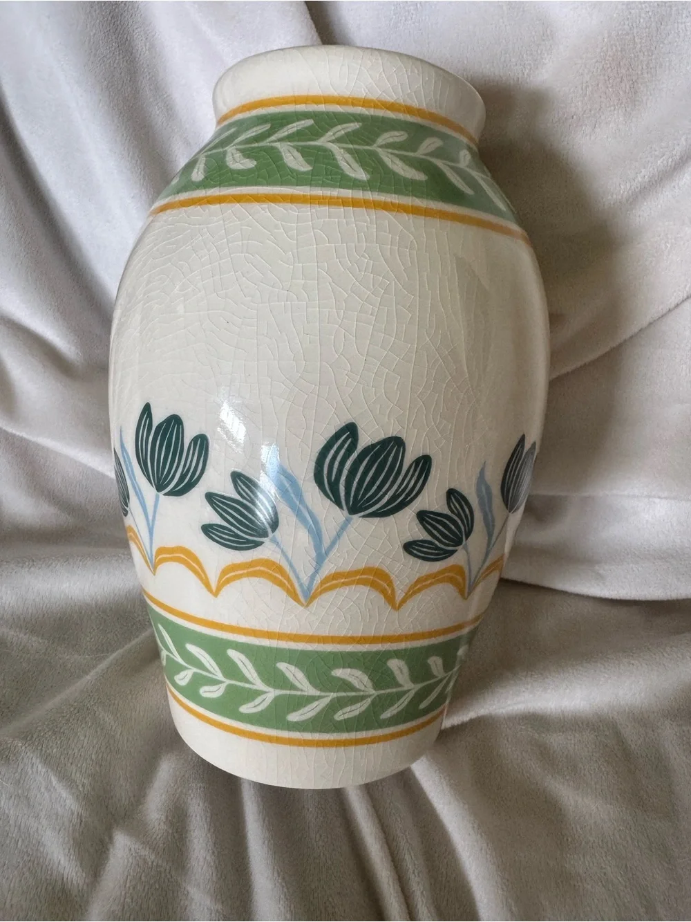 Better Homes And Gardens Cream Ceramic Vase with Green and Blue Floral Bands
